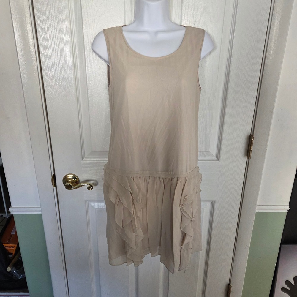 Theory Rinoe 100% Silk Drop Waist Ruffle Dress Beige Sleeveless Size 2 B0902612